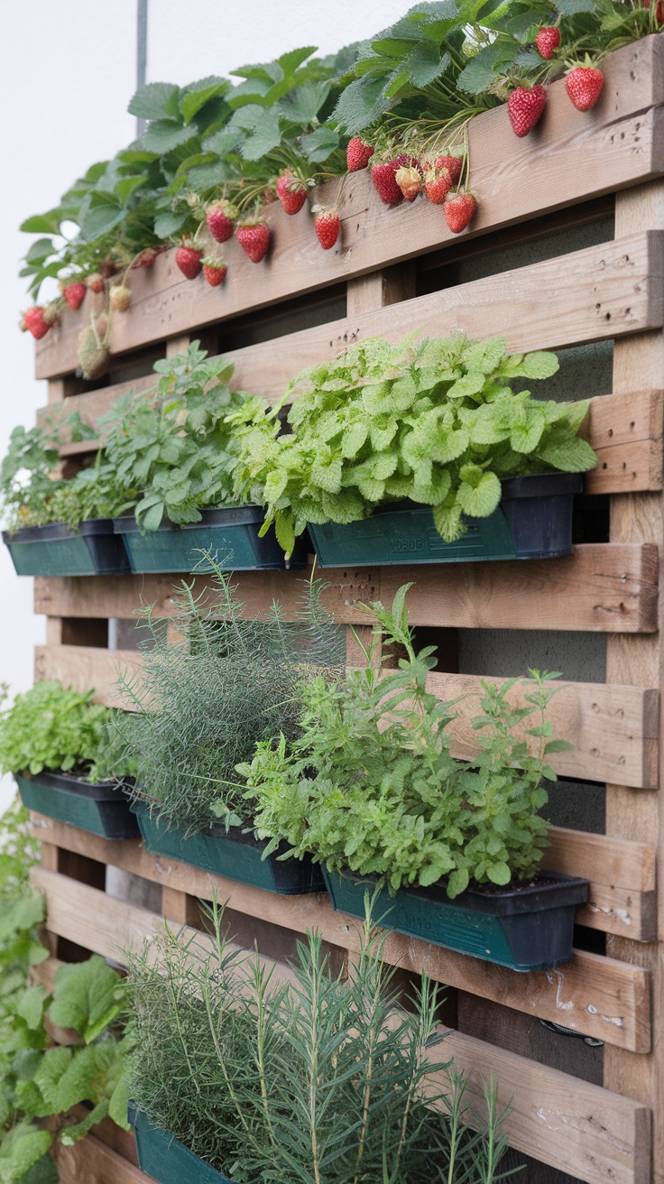 A wooden pallet garden wall featuring herbs, strawberries, and succulents.