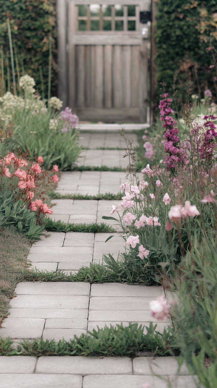 A garden pathway made of pavers, lined with colorful flowers on either side.