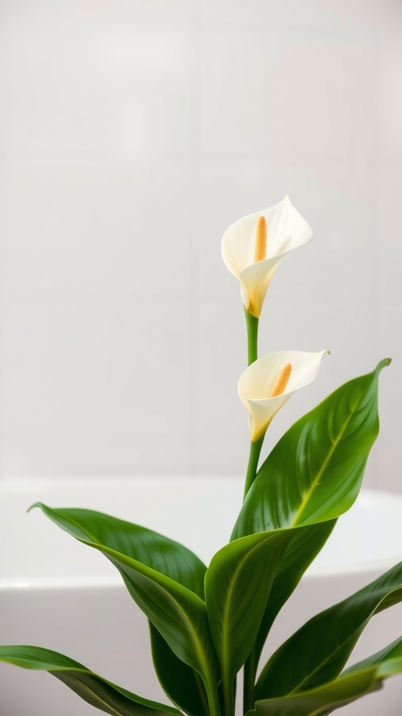 Close-up of a Peace Lily with white blooms and green leaves in a bathroom setting