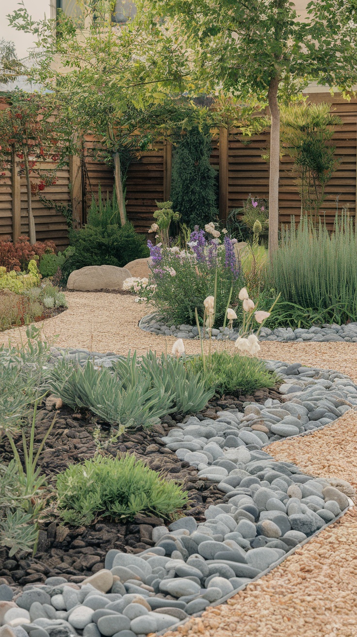 A beautiful garden with pebble and gravel borders.