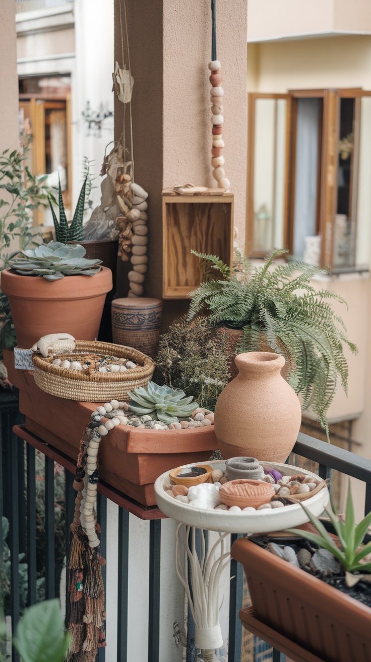 A balcony garden decorated with handmade items such as a beaded garland, woven baskets, and various potted plants.