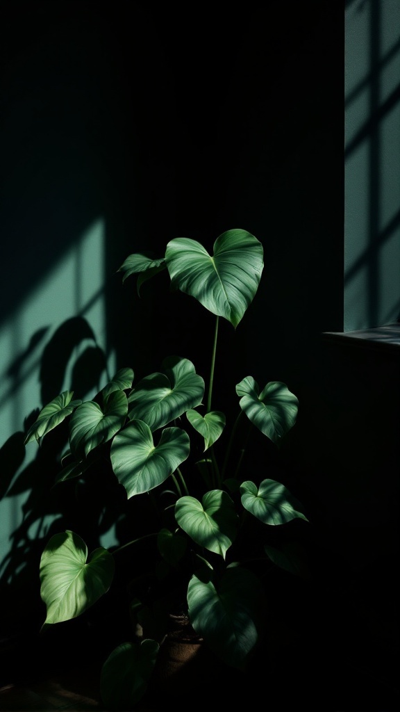 A lush philodendron plant with heart-shaped leaves in a dark indoor setting.