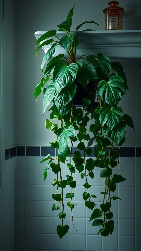 A philodendron plant with large green leaves, cascading down from a shelf in a bathroom setting.