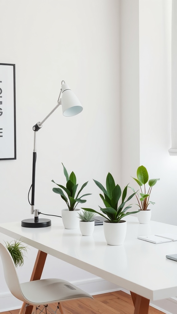 A modern home office desk with several potted plants, a lamp, and minimalistic decor.