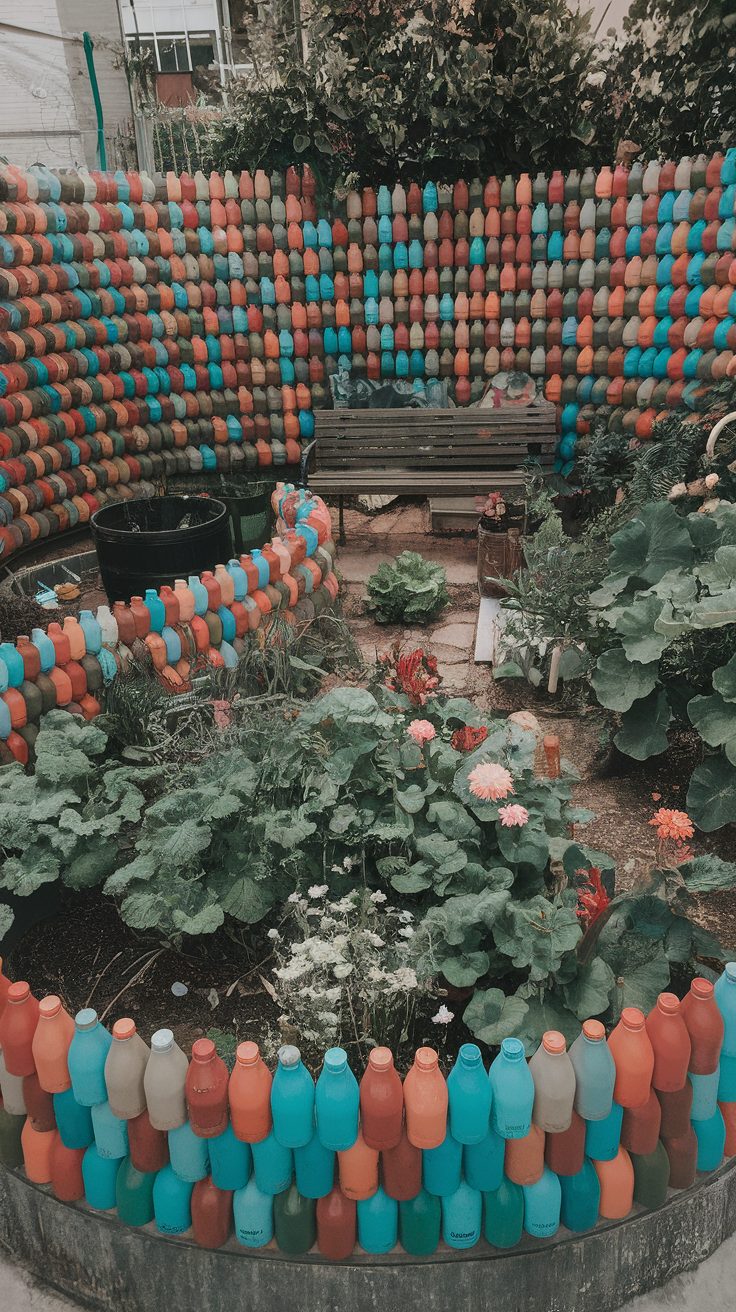 Colorful plastic bottle fence surrounding a garden area.