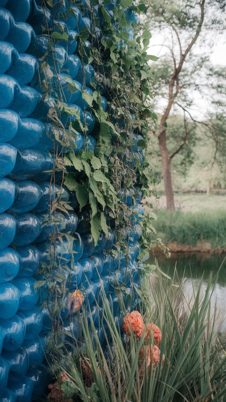 A vibrant garden wall made from blue plastic bottles, adorned with green vines and surrounding plants.