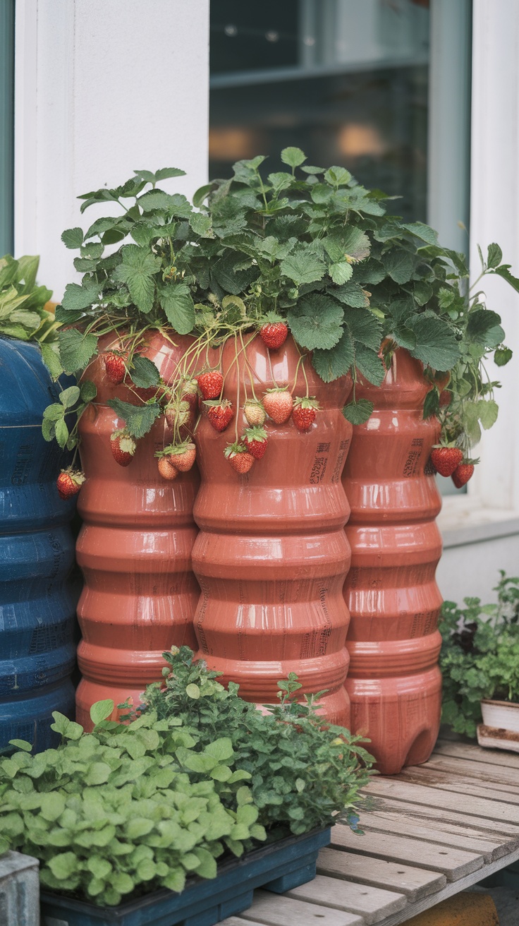 Stacked plastic bottles filled with strawberry plants, showcasing a creative gardening idea.