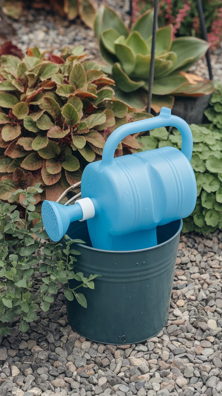 A DIY plastic bottle watering can in a garden setting, showcasing creative gardening ideas.