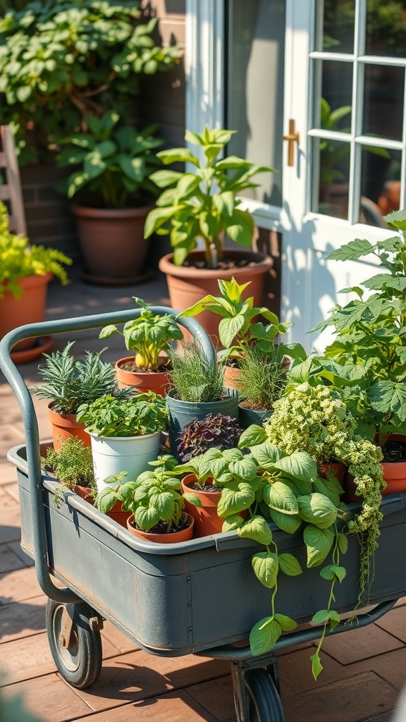 A portable gardening cart filled with various potted herbs and vegetables on a patio