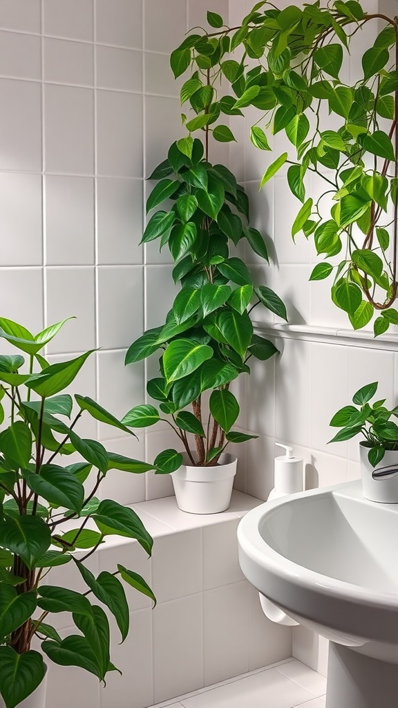 A bathroom with several Pothos plants in various sizes, showcasing their vibrant green foliage against white tiles.