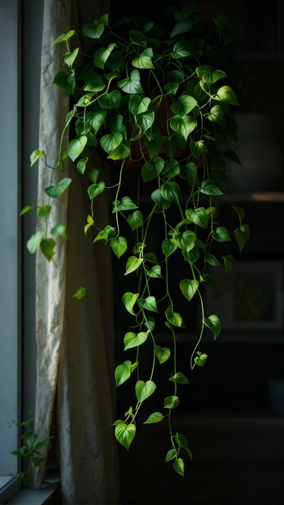 A lush pothos plant with trailing vines hanging by a window.