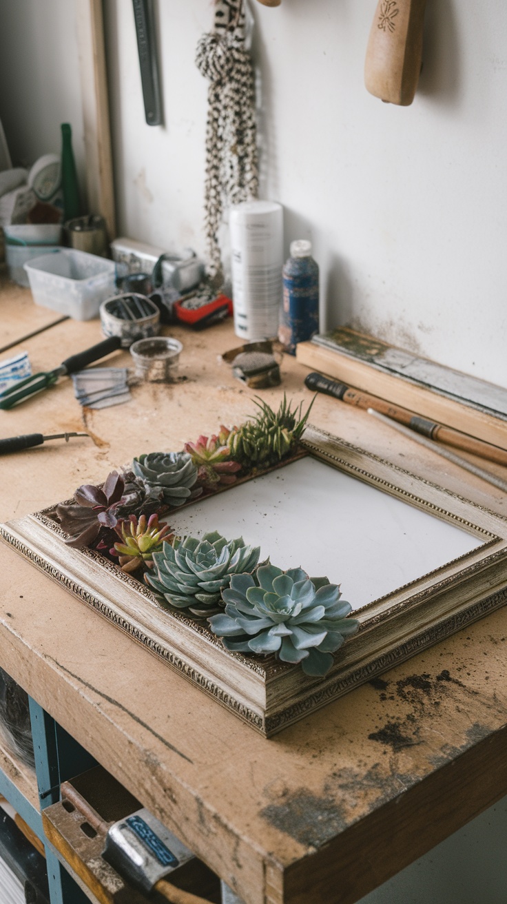 An old picture frame decorated with various succulents, resting on a workbench.