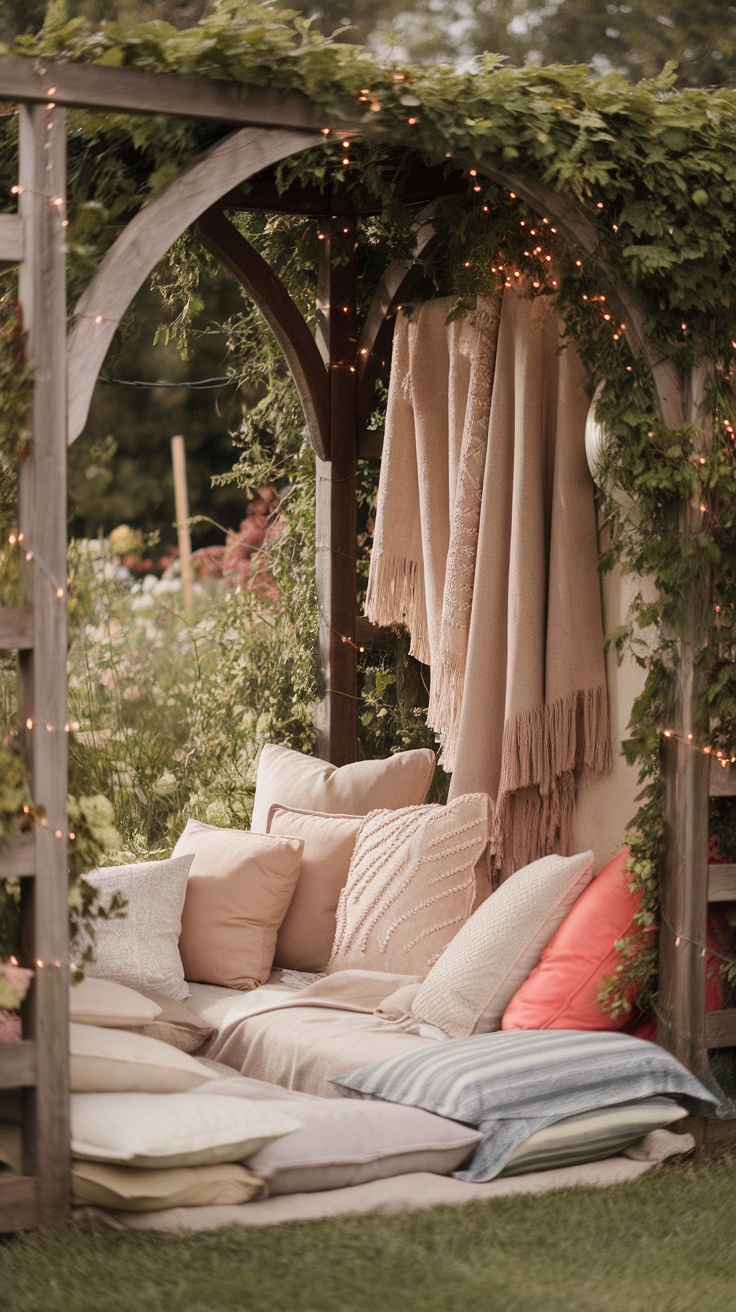 A cozy outdoor nook adorned with cushions and soft blankets, surrounded by greenery.