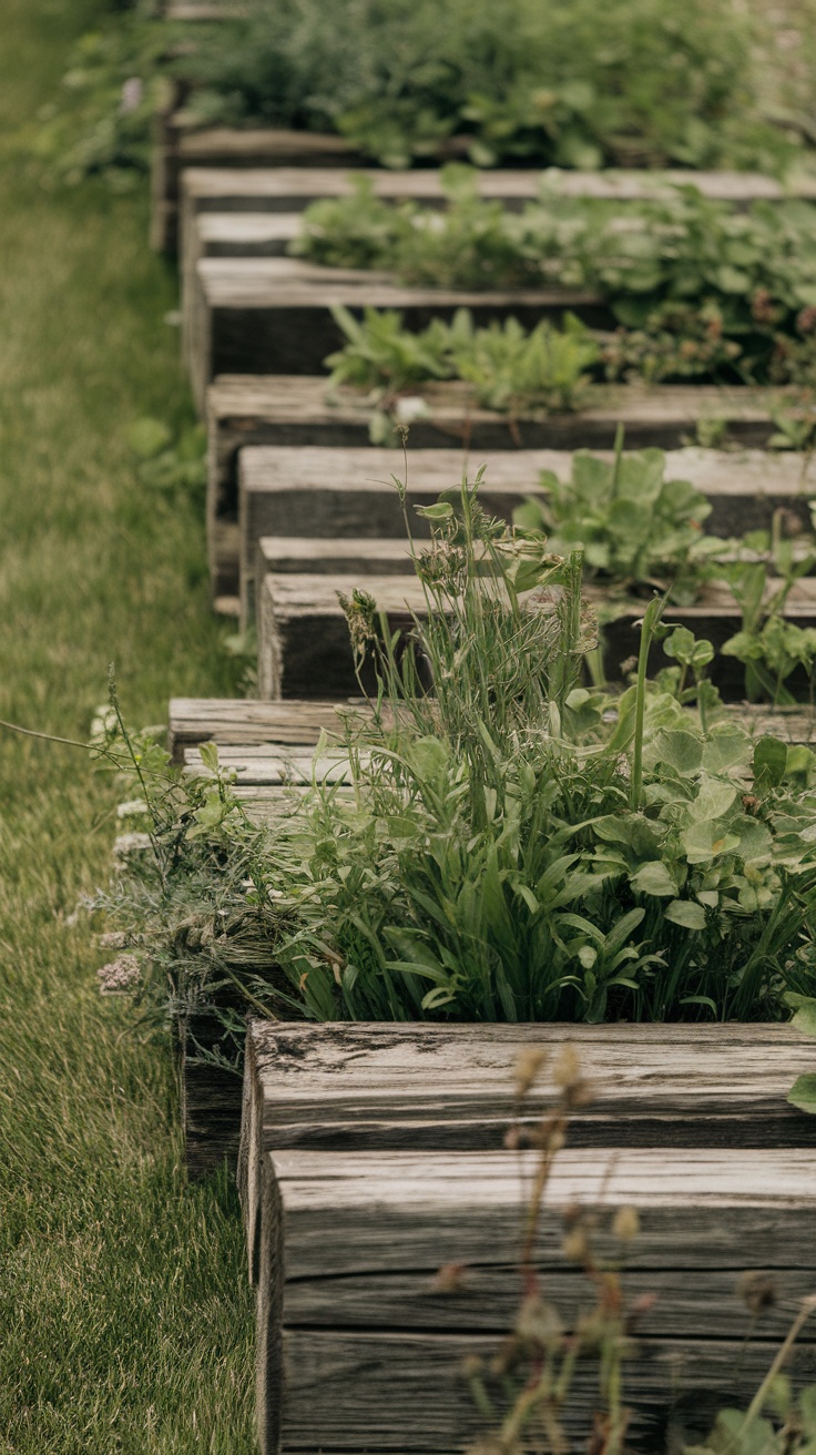 A close-up view of railroad ties used as garden edging, surrounded by lush greenery.