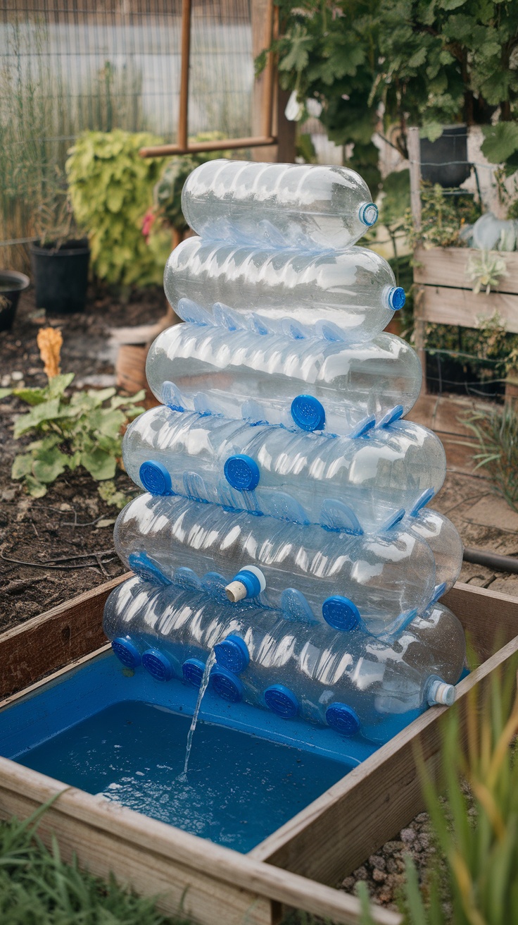 A creative rainwater collection system made from stacked plastic bottles in a garden.