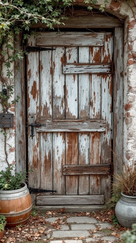 A rustic reclaimed barn wood gate surrounded by plants and clay pots.