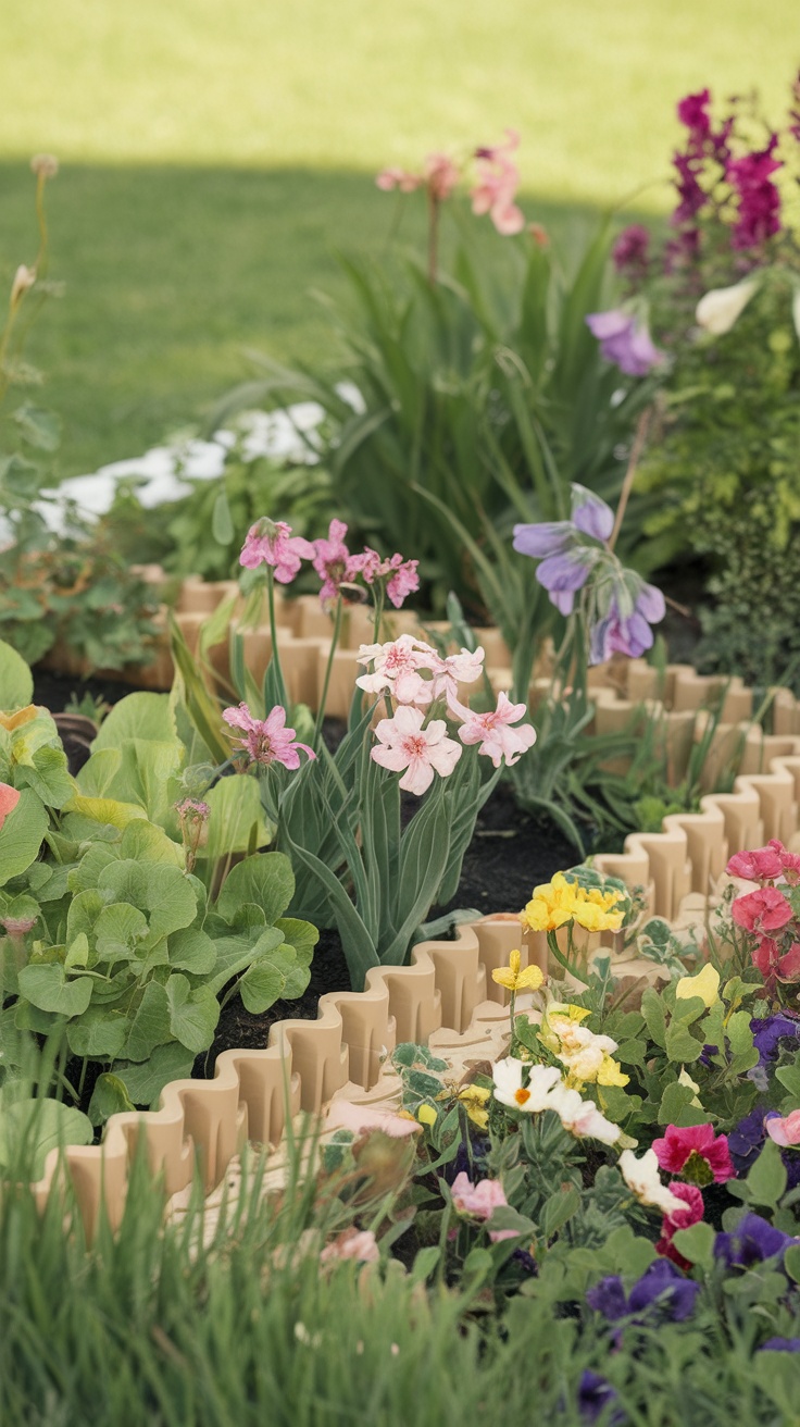 Colorful flowers and plants bordered by recycled rubber garden edging.