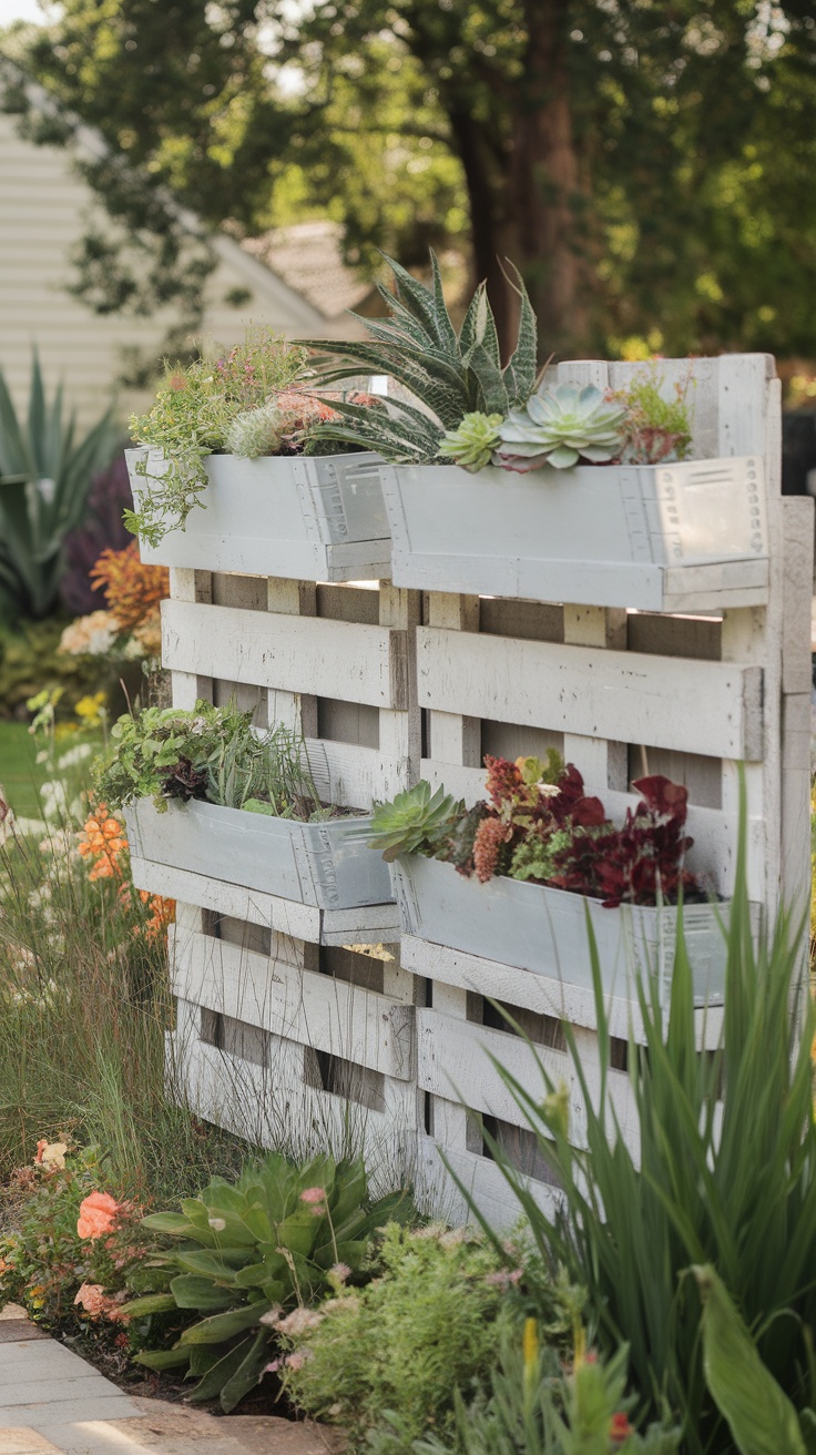 Repurposed wooden pallet fence with planters filled with herbs, succulents, and perennials.