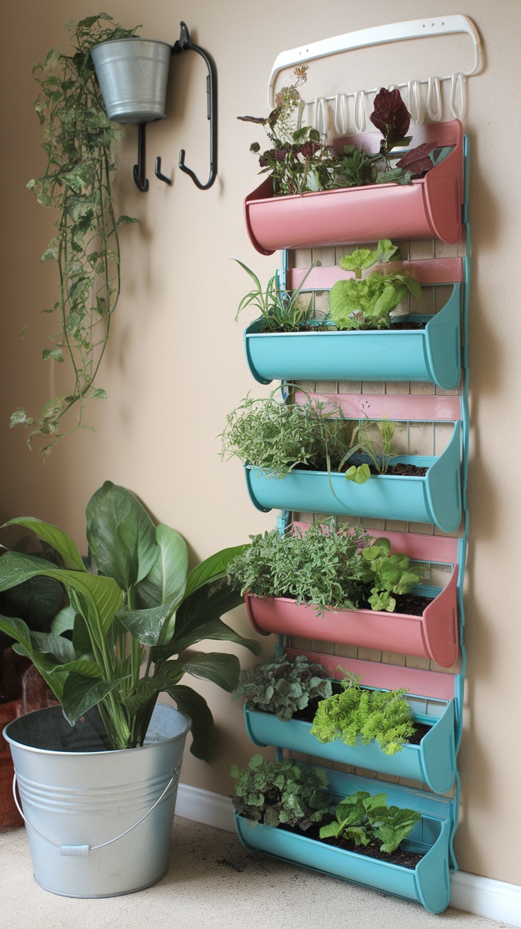 Vertical garden created using a repurposed shoe organizer with various plants.