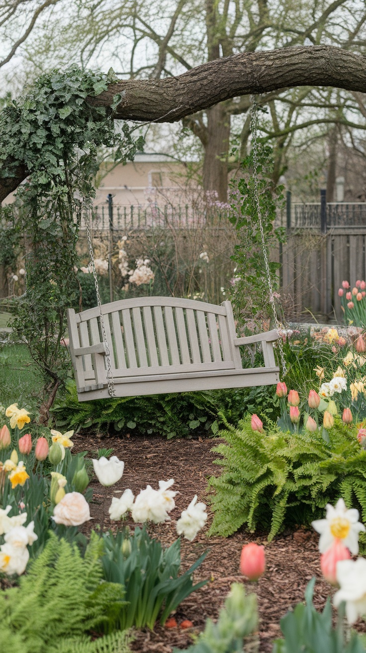 A rustic swing bench hanging from a tree among blooming flowers and lush greenery in a backyard garden.