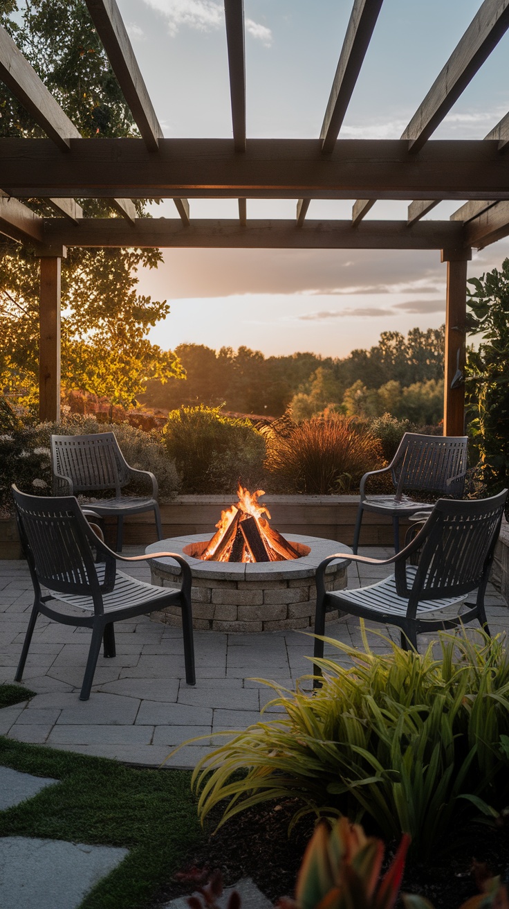 Rustic fire pit surrounded by chairs at sunset