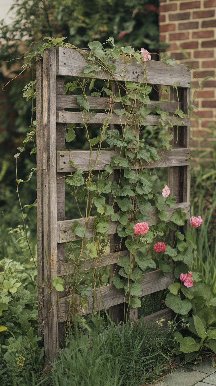 Wooden pallet frame with climbing vines and flowers