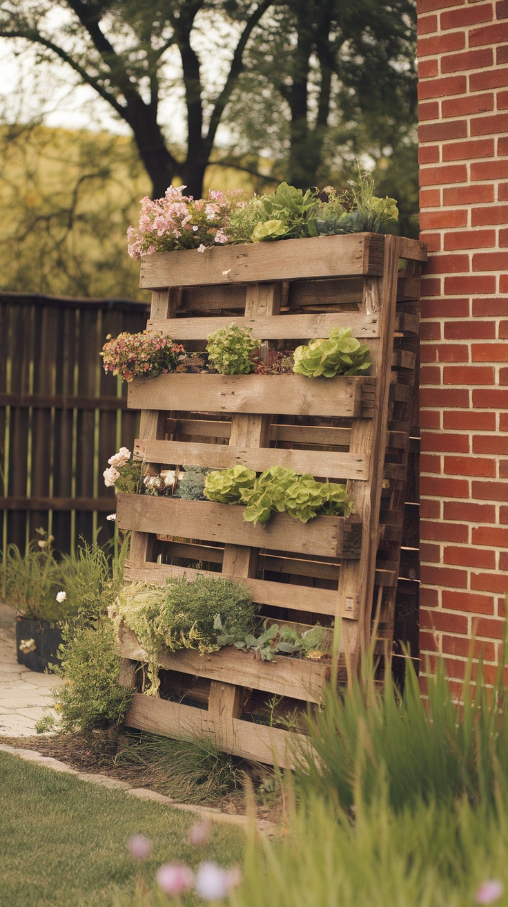 A rustic wooden pallet garden displaying various plants and flowers.