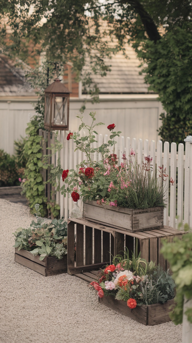 Rustic wooden planters filled with colorful flowers in a backyard garden.