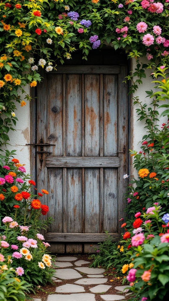 A rustic wooden slat gate surrounded by colorful flowers and greenery.