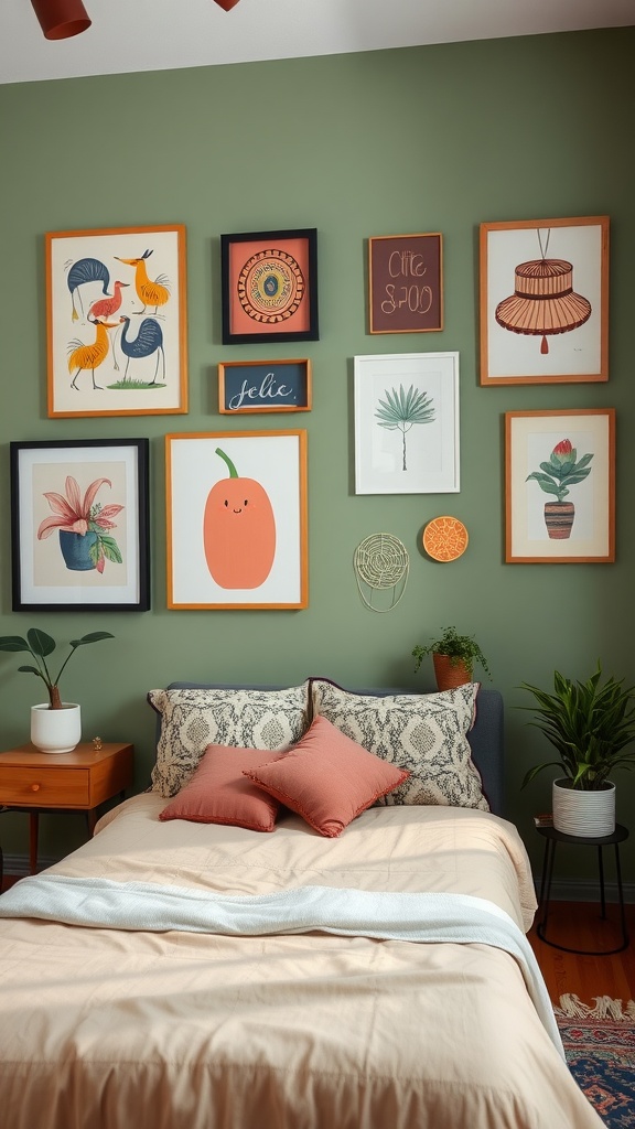 A sage green bedroom wall decorated with various colorful artworks, featuring a cozy bed and plants.