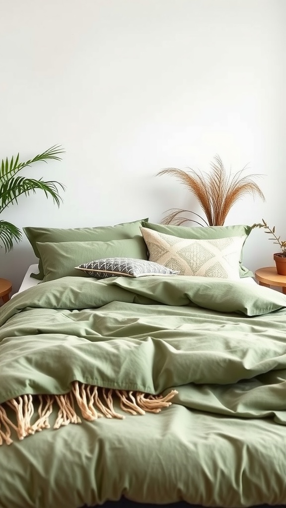 A cozy sage green bedding set with textured pillows and plants in a bright bedroom.