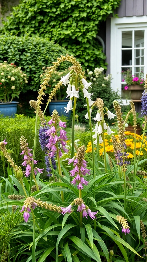 A vibrant cottage garden with various flowers including pink and white blossoms, surrounded by lush greenery.