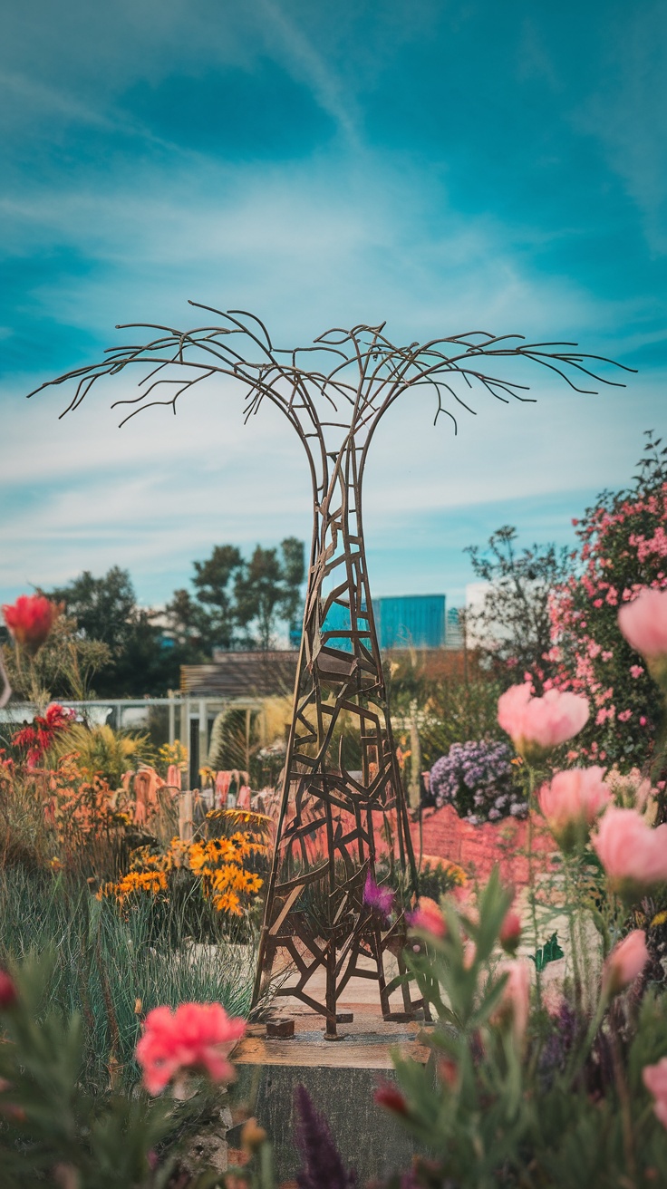 A sculptural metal art installation resembling a tree, surrounded by colorful flowers in a garden.