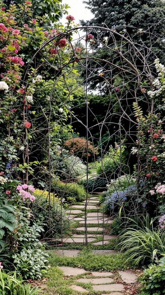 A sculptural wire art gate surrounded by colorful flowers and lush greenery.