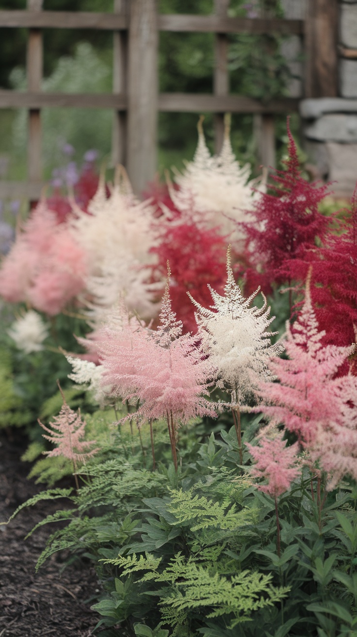 Colorful astilbe flowers in a garden border