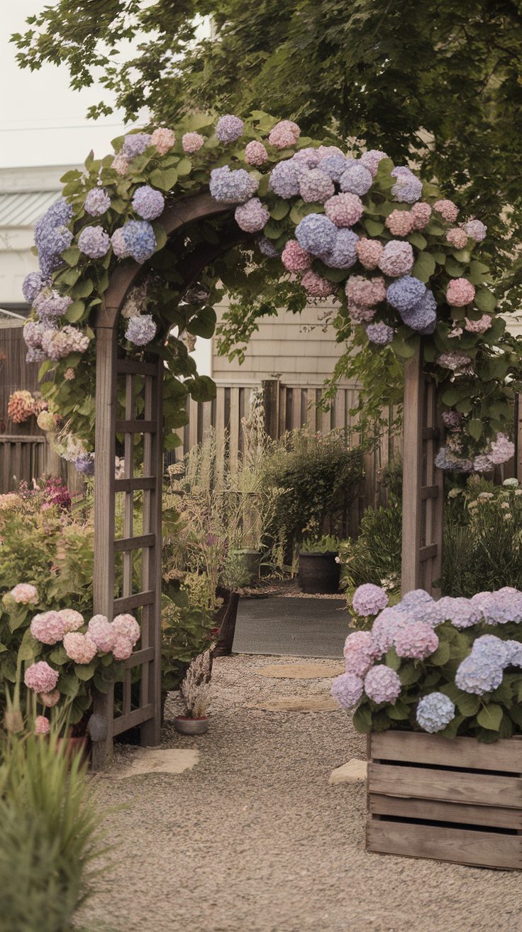 A beautiful fall backyard garden with colorful chrysanthemums and pumpkins.