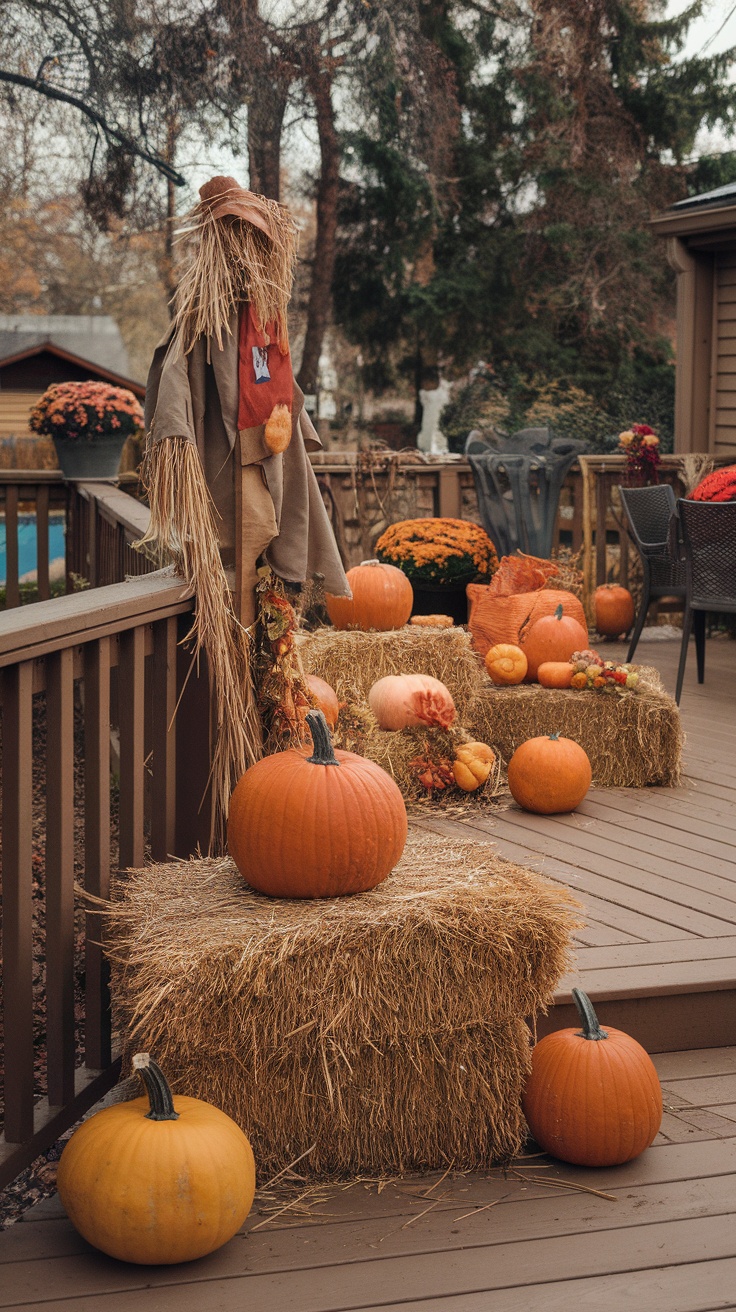 A garden deck decorated with pumpkins, hay bales, and a scarecrow for a seasonal touch.