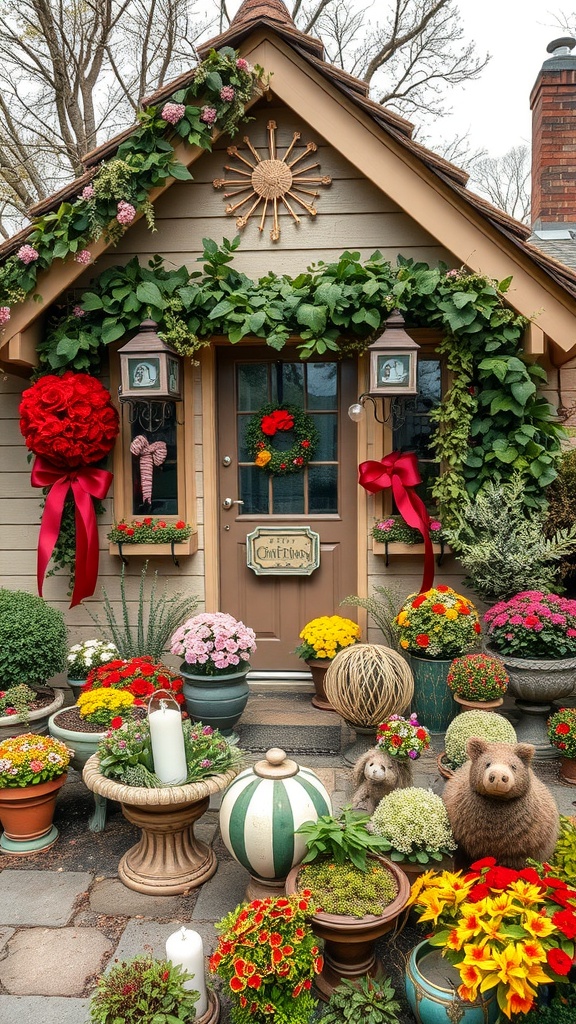 A beautifully decorated cottage garden featuring colorful flowers and seasonal decorations.