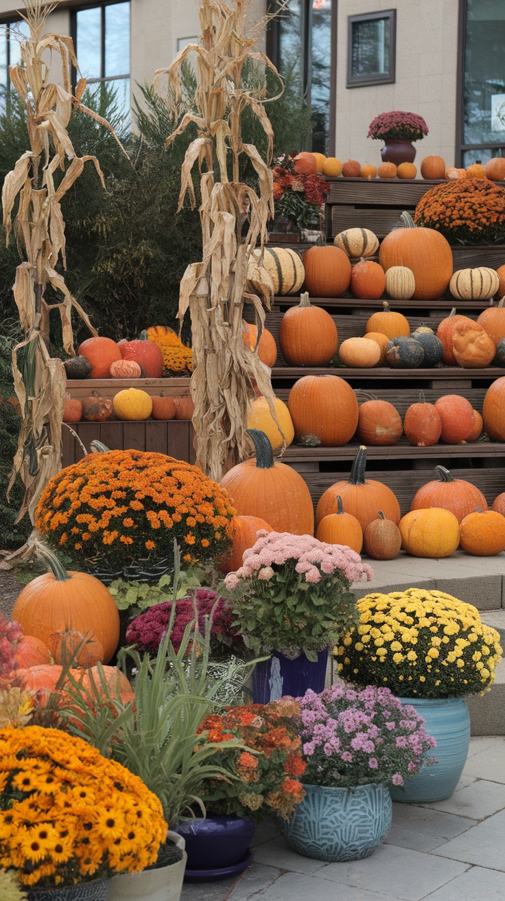 A beautiful fall garden display with pumpkins, colorful flowers, and dried corn stalks.