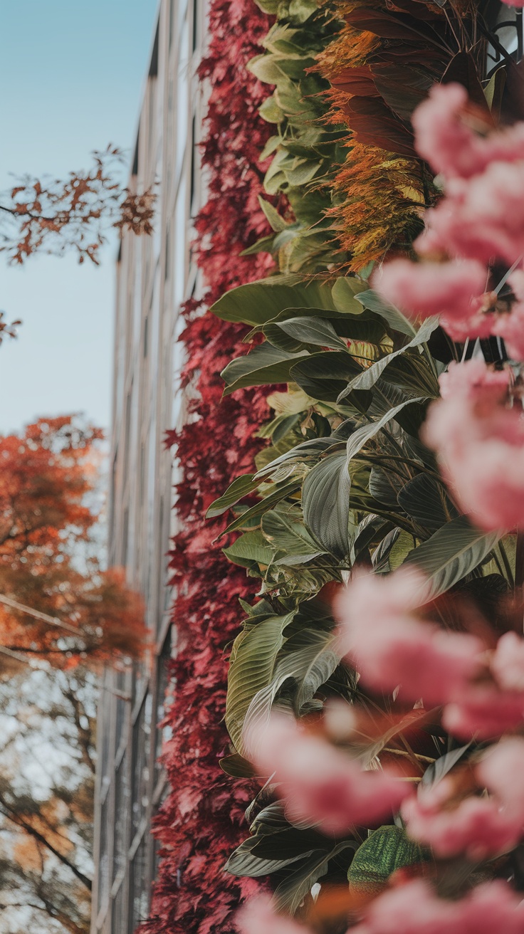 A close-up view of a seasonal vertical garden showcasing a mix of colorful foliage and flowers.