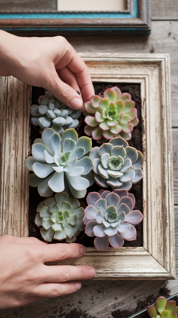 A hand arranging succulents in an old picture frame filled with soil.