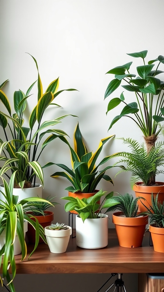 A variety of non-toxic plants arranged on a wooden desk in a cozy home office setting.