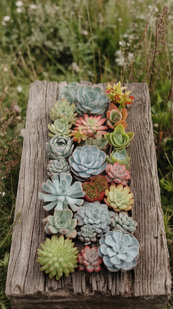 A collection of colorful succulents arranged on a rustic wooden surface.