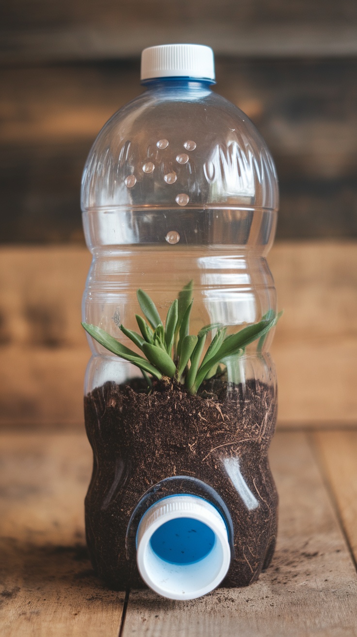 A clear plastic bottle used as a self-watering planter with a plant growing inside.