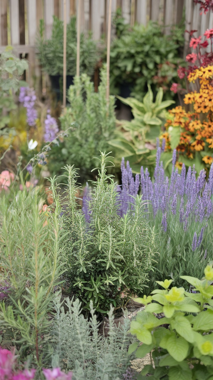 A vibrant sensory herb garden featuring various herbs and colorful flowers.