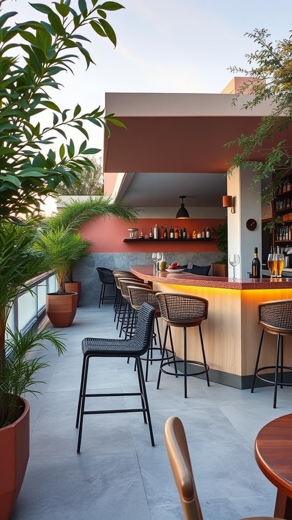 A modern bar area on a garden terrace with stylish chairs and plants.