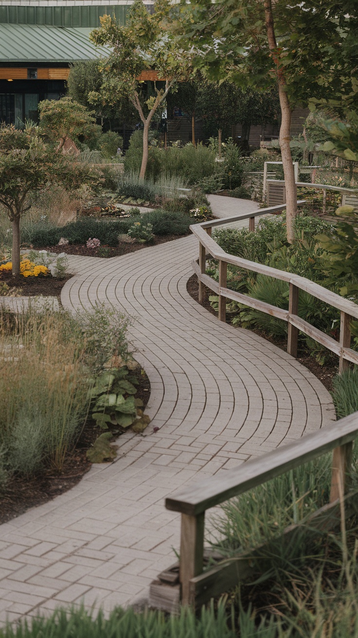 A winding pathway made of bricks, surrounded by lush greenery and flowers.