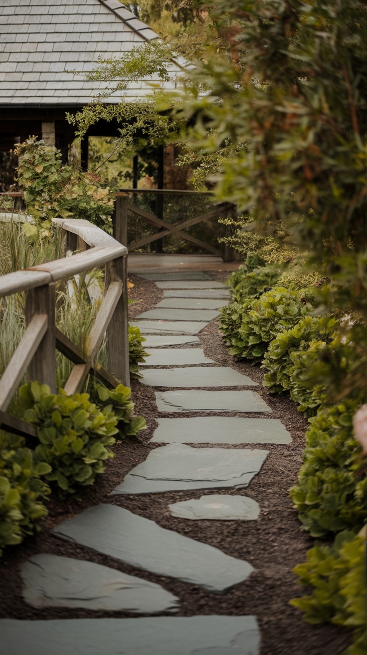 A pathway made of slate stones bordered by greenery and wooden railing.