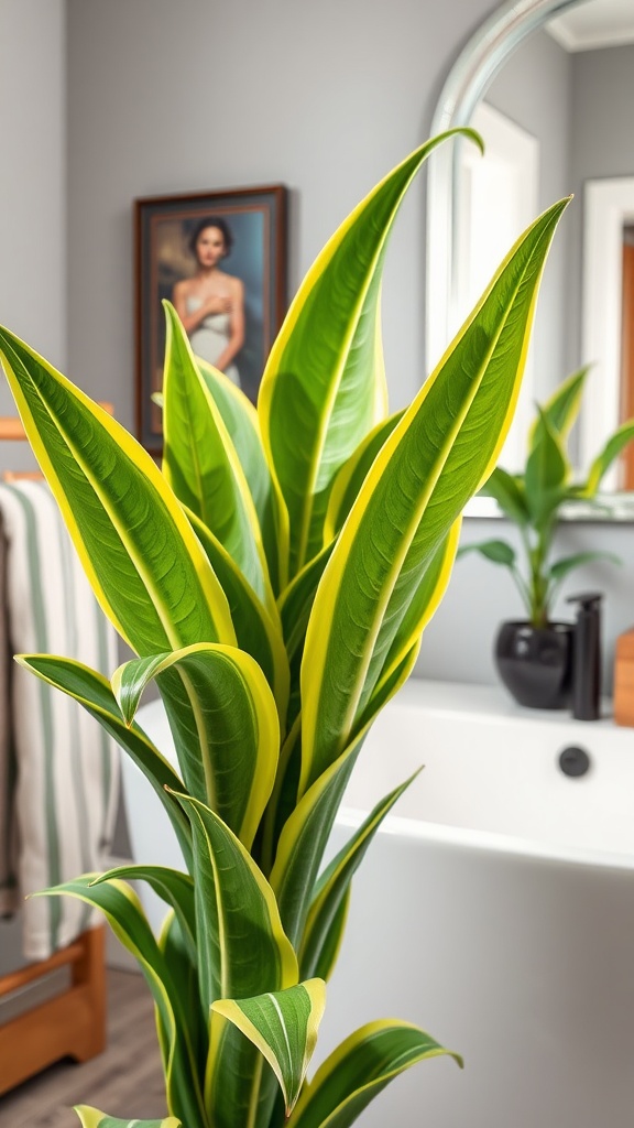 A healthy snake plant with vibrant green and yellow leaves placed in a modern bathroom.