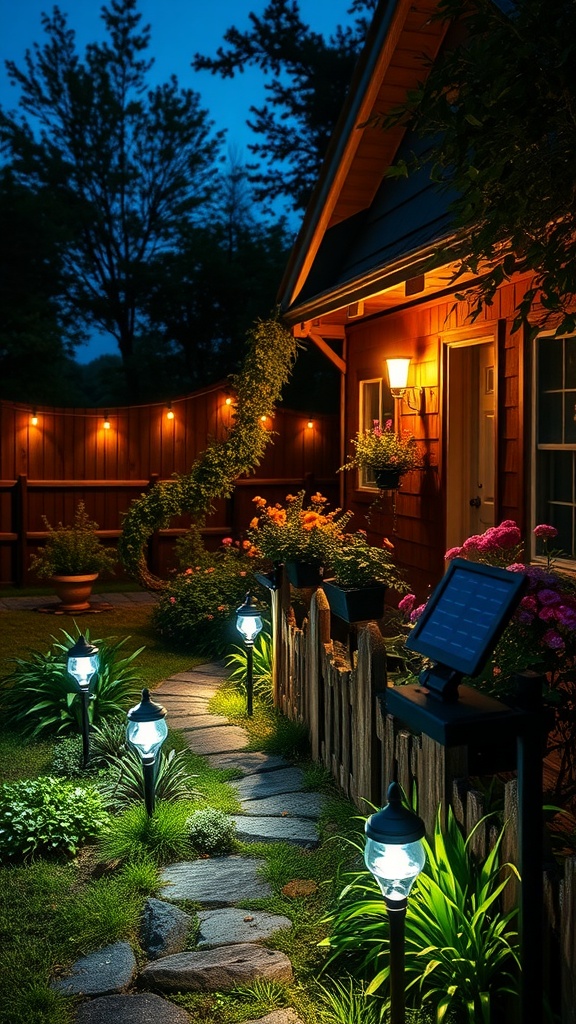 A cozy cottage garden at night illuminated by solar-powered lights along a stone path.